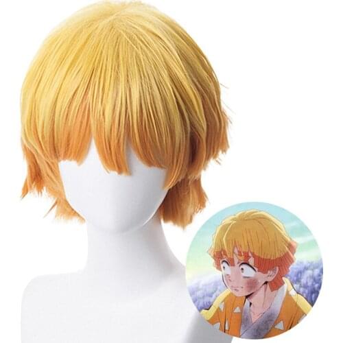 Anime Demon Slayer: Kimetsu no Yaiba Zenitsu Agatsuma Short Golden Brown Wig Heat Resistant Hair Cosplay Costume Wig + Wig Cap