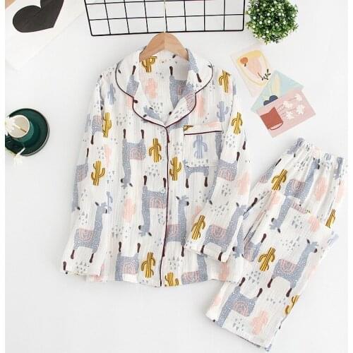 Autumn Cotton Crepe Pajamas for Women Long Sleeve Pants Pijamas Cartoon Fruit Printing Sleepwear Leisure 2 Piece Sexy Home Suit