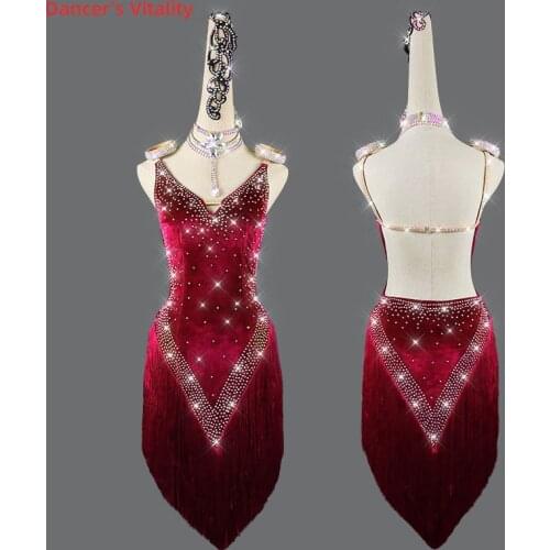 Latin Dance Dress Velvet Full Diamond Long Skirt Tassel Performance Clothes High-end Custom Adult Child Competition Clothing