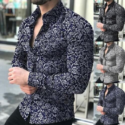 Fashion Luxury Shirt Men Floral Print Long Sleeve Slim Fits Men Spring Autumn Shirts Business Style camisa masculina