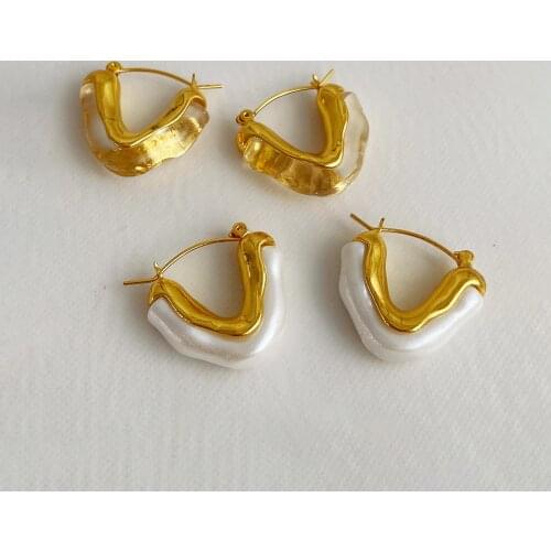 Lifefontier Trendy Pearl Resin Hoop Earrings for Women Gold Color Metal Geometric Irregular Transparent Acrylic Earrings Jewelry