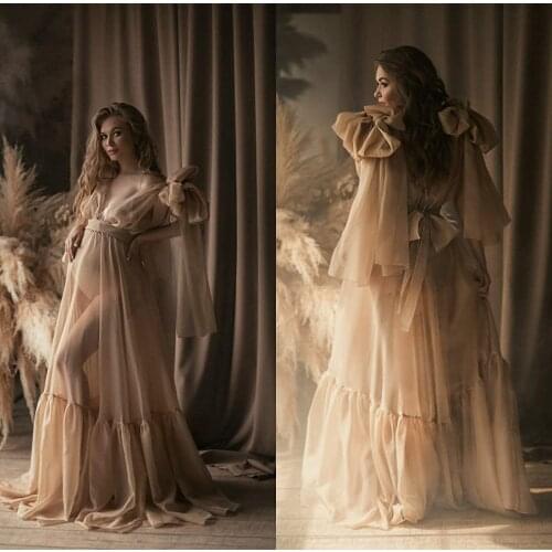 Chic Evening Dresses Chiffon Lingerie Robe for Women Lace Kimono Sexy Long Babydoll Sheer Bridal Nightwear Mesh Chemise