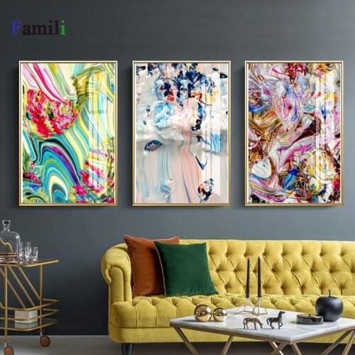 Nordic Abstract color spalsh blue golden canvas painting poster and print unique decor wall art pictures for living room bedroom