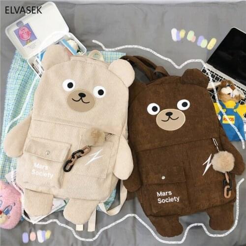 Japanese Corduroy Bear Backpacks for Cute Women Multi-pockets School Bags Large Capacity Backpack Teenger Girls Schoolbag Female