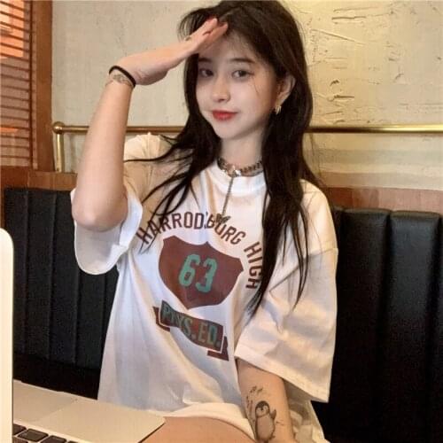 2021 summer Korean version of the new printed mid-length short-sleeved t-shirt womens shirt simple loose round neck