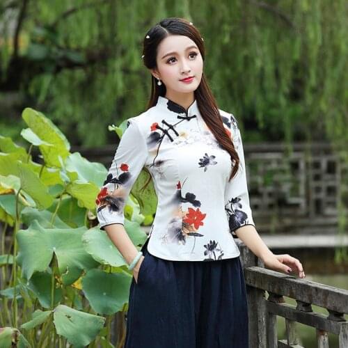 Woman Plus Size Chinese Style Shirts Top Folk Seven-Sleeve Improvement Cheongsam Qipao Tops Cotton Ink Painting Vintage Clothing
