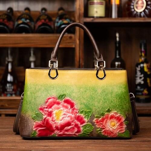 Women Genuine Leather Tote Bag 2021 Summer Vintage Embossed Luxury Handbag Ladies Large Capacity Floral Cowhide Shoulder Bags