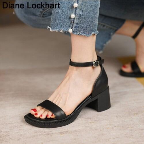 Genuine Leather Women Sandals Basic Summer Chunky Heel Casual Shoes Female All-match Sandalias Comfortable Platform High Heels