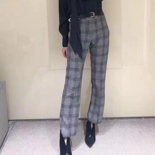 Women Pants 2021 Spring New Button High-waist Plaid Cropped Ladies Trousers