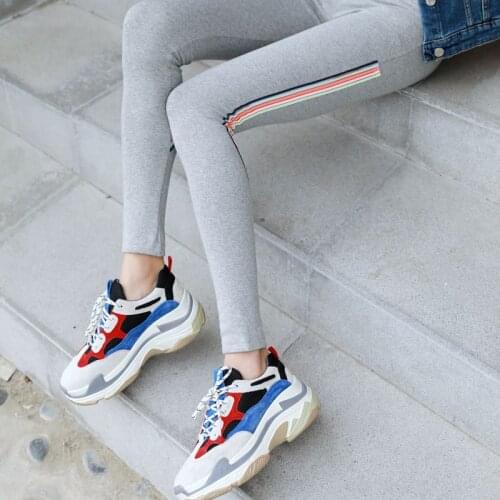 Women Black Gray Leggings Skinny Pants Kawaii Cute Rainbow Stripe Legins Girl High Waist Cotton Legging Ladies Workout Leggings