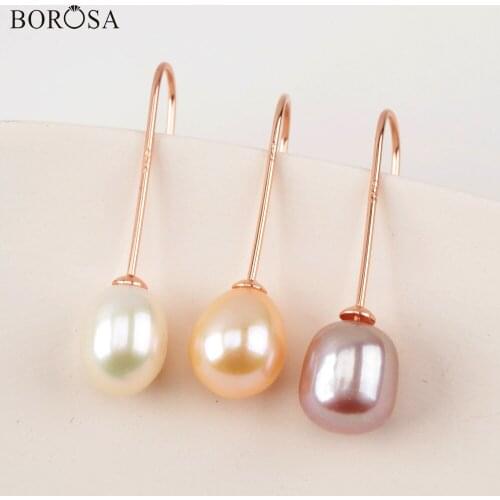 BOROSA New Natural Wihte Pearl Dangle Earrings Rose Gold Elegant Pearl Drop Earrings for Women Wedding Jewelry Gifts WX1369