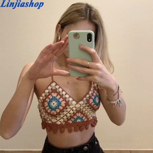 Women Knitted Flower Strap Vest Vintage Handmade Crochet Tank Slim Sexy Summer Autumn Sleeveless Femme Crop Top