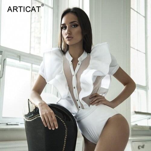 Articat Mesh Black Ruffles Bodysuit Women Summer Sexy Single-breasted Bodycon Overalls Female Short Sleeve Beach Party Bodys Top