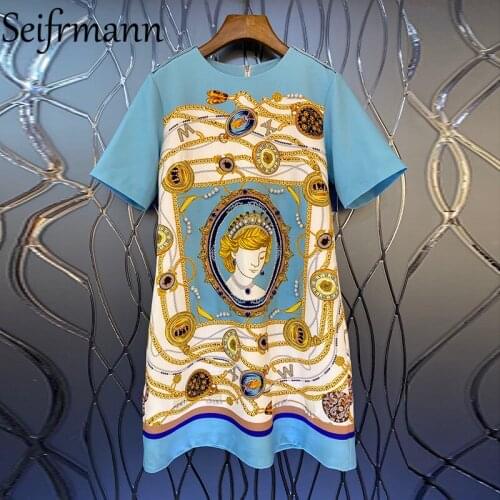 Seifrmann New 2021 Summer Women Fashion Runway Party Mini Dress Short Sleeve Gorgeous Crystal Beading Vintage Printed Dresses