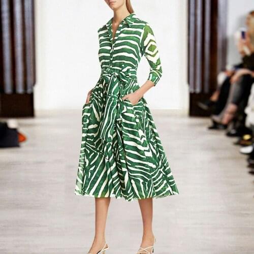 High Quality Spring Autumn New Bohemian Fashion Womens Midi Dress Elegant Chic Belt High Street Party Green Striped Shirt Dress