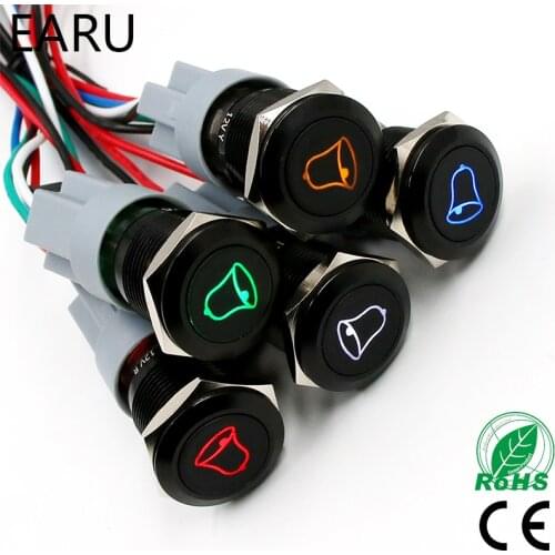 1pc Black 16mm Momentary Doorbell Bell Horn Speaker Push Button Switch Stainless Steel Metal Waterproof with Bell Logo LED Light