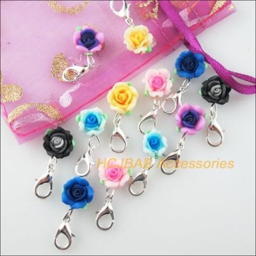 12 New Flower With Clasps Charms Silver Plated Clay Mixed 10mm