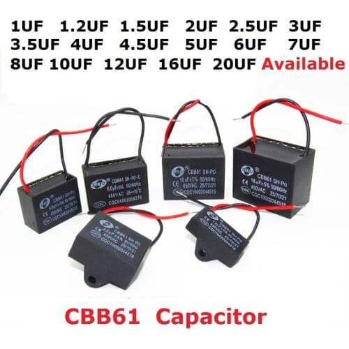 2PCS 450V 1uf 1.2uf 1.5uf 2uf 2.5uf 3uf 3.5uf 4uf 4.5uf 5uf 6uf 7uf 8uf 10uf 12uf 16uf 20uf CBB61 fan capacitor 450VAC