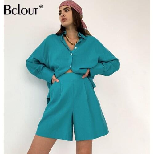 Bclout Blue Suit With Shorts For Women 2021 Button Up Shirt And High Waist Shorts Two Piece Sets Top Women 2021 Summer Clothes