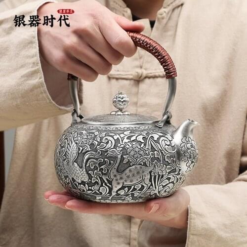 Ag999 Sterling Silver Teapot Hand-Carved Kitchen Utensils Handmade Coffee Tea Pot