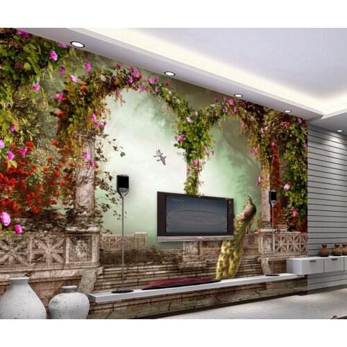 CJSIR Custom Photo Wallpaper Mural Wall Sticker European Pastoral Peacock Roman Column TV Background Papel De Parede Decors