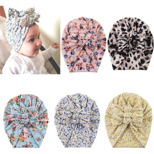 Flower Print Baby Beanies Bohemian Double Layers Folded Knotted Turban Hats Newborn Photography Props Fashion Kids Headwraps