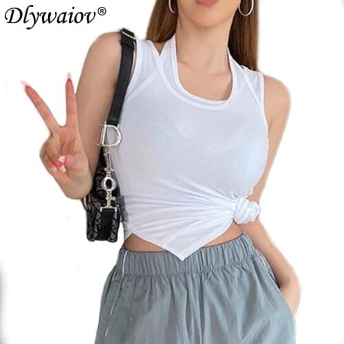 Womens halter cotton vests Fake two Tanks 2021 Split sleeveless top Female camisole summer Sexy clothes Ladies vest White Black