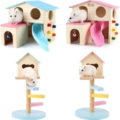 Pet Small Animal Play Hideout NestHamster House Gym Exercise Funny Ladder Slide Bell Climbing Wooden Hut Toy