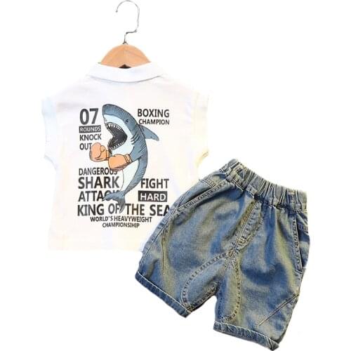 Toddler Boys Clothing Set Summer Pure Cotton Cartoon Shark T-shirt And Jeans 2 Pcs Suit For Kids Children Birthday Present
