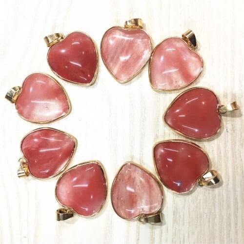Hot Top Quality Fashion 25mm Natural Stone Heart Shape Charms Pendants Necklace Cherry quartz for Jewelry Making12PCS Wholesale