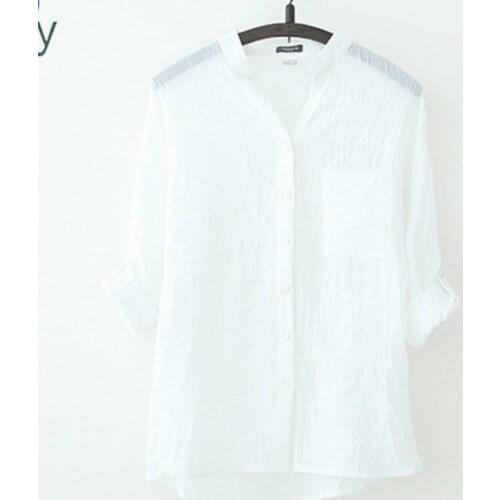 Sun Protection Cotton Linen V Neck Shirts Casual Loose Womens Tops and Blouses Harajuku Plus Size Top White Blouse Shirt