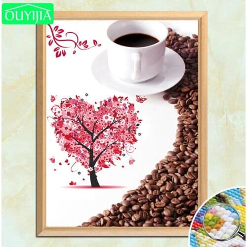 OUYIJIA 5D DIY Diamond Painting "Coffee cup and heart-shaped tree" Full Square Diamond Embroidery Rhinestones Mosaic Picture