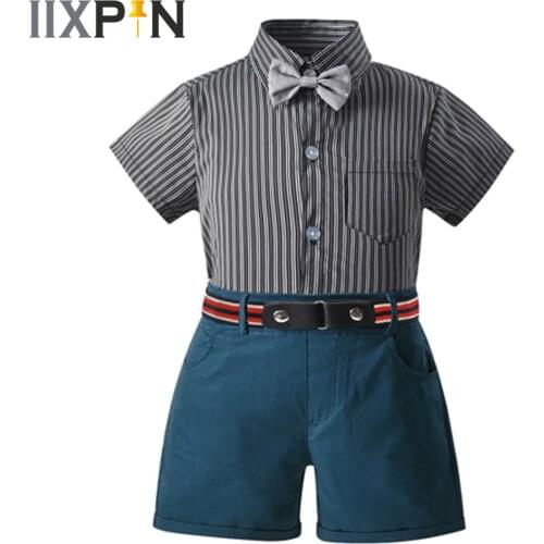 3Pcs Boys Clothing Sets School Wear Short Sleeve Bowtie Striped Shirt Shorts Kids Clothes Outfits Gentlemen Boys Childrens Set