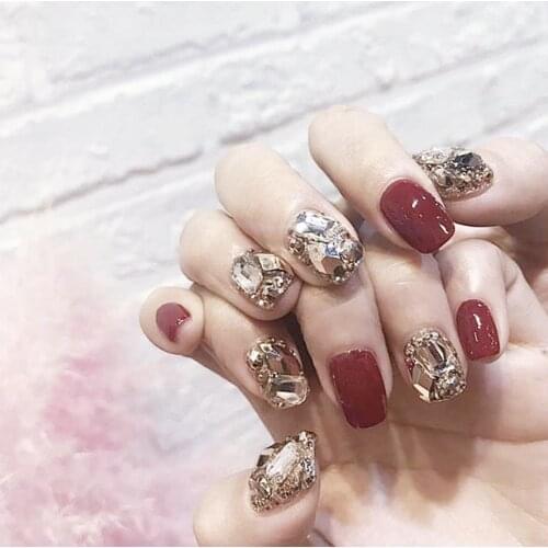 Beautiful wine red pure color with full diamond 3d decorated fake nails Bride false nails french 24pcs with glue full nail tips