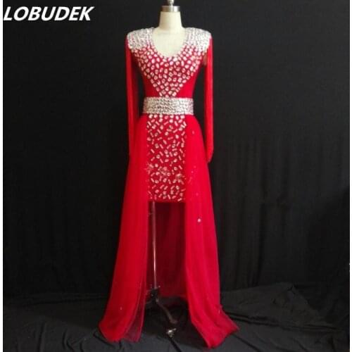 Red Diamond Crystals Dress sexy v-collar tailing one piece dress Bar Party Female Host stage costumes Prom singer Performance DJ