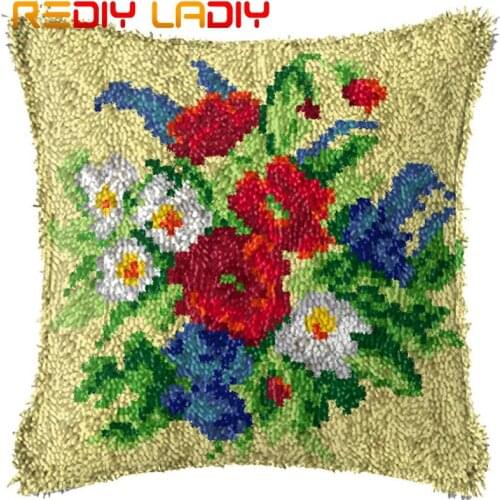 Latch Hook Cushion Poppy & Daisy Pillow Case Printed Color Canvas Acrylic Yarn Latched Hook Pillow Crochet Cushion Cover Kits