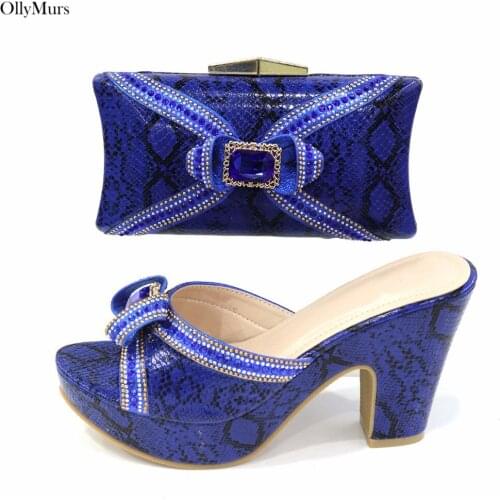 Summer Royal Blue Color Sandals Shoes And Bag Set Italian Style Fashion Middle Heels Shoes And Matching Bag Set For Party