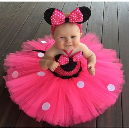 Lovely Girls Pink Cartoon Tutu Dress Baby 2Layer Crochet Tulle Tutus with Dots Ribbon Bow and Headband Kids Birthday Party Dress