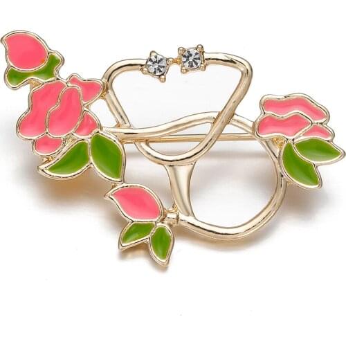 Stethoscope Lapel Pins Metal Enamel Brooch Punk Jewelry Gold Color Brooches Doctor Graduation Medical Crystal Pin Women Gift