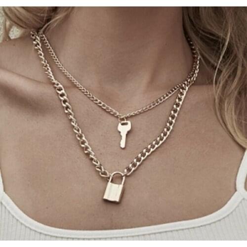 Fashion Necklace Gothic Jewelry Key Lock Necklace Double Punk Link Chain Padlock Pendant Necklace Steampunk Women Men Necklace