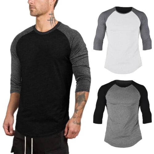 Fashion Men 3/4 Sleeve Raglan Shoulder Baseball Slim Fit O-Neck T-Shirt Summer Casual Crew Neckline Shirt Male Large Size M-2XL