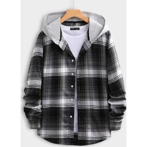 European size 2021 spring and summer mens cotton color matching long-sleeved youth hooded casual plaid shirt male 287