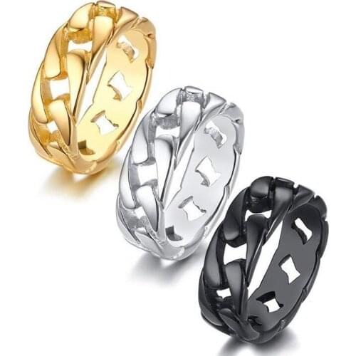 Mens Simple Fashion Gold Color Silver Color Black Creative Hollow Cuban Chain Single Ring Ring Costume Jewelry