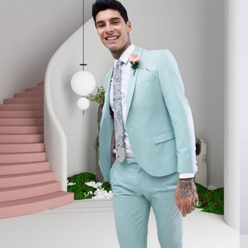 Mint Green Men Suits2 Pieces Costume Homme Summer Beach Lapel Groomsmen Suits Solid Color Men Wedding Prom Suits Jacket+Pant