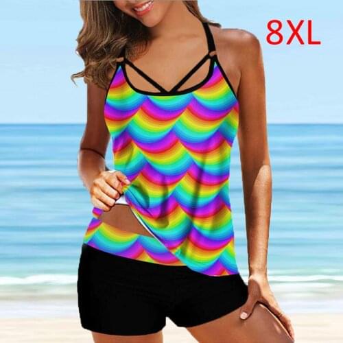 2021 New Plus Size 8XL Tankini Set Women Swimwear Rainbow Print Swimsuit Swimwear Bikini Bathing Suit Beach Wear