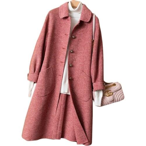 Women loose Korean Plaid Woolen coat Autumn Winter New Double-sided woolen jacket High quality Womens Long Casual Overcoat F1001
