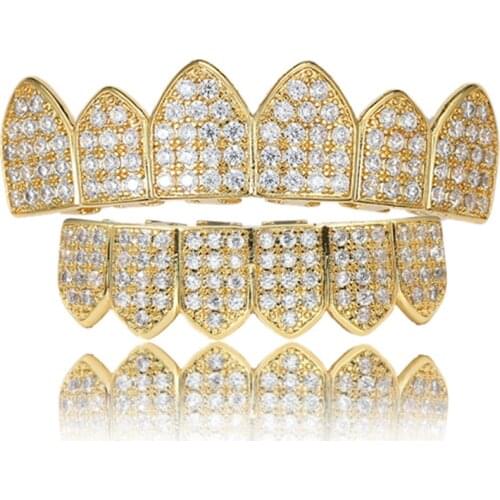 Cubic Zircon Gold Color Plated Hip Hop Teeth Grill Top & Bottom Grill Bling Hollow Vampire Teeth for Halloween