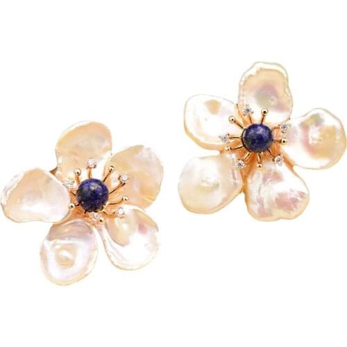 925 silver earrings lapis lazuli baroque pearl petal flower handmade earrings