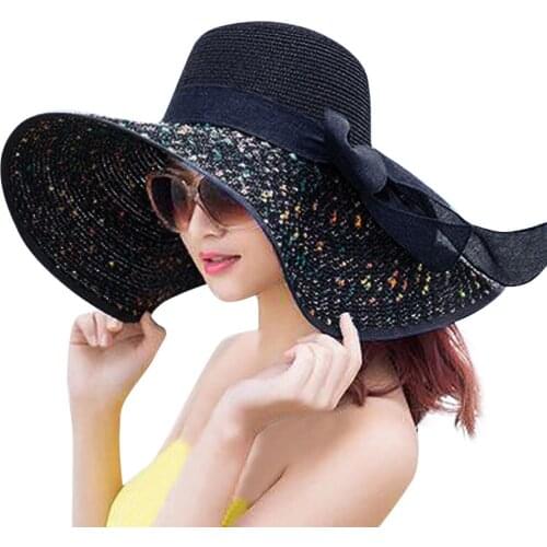 Women Colorful Big Brim Straw Bow Hat Sun Floppy Wide Brim Hats Beach Cap Bowknot Beach Foldable Hats New 2021 Hats for Women