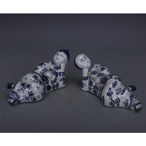 Sculpture Porcelain Blue and White Sculpture Golden Child and Jade Girl Statue----ancient Chinese statue,A pair